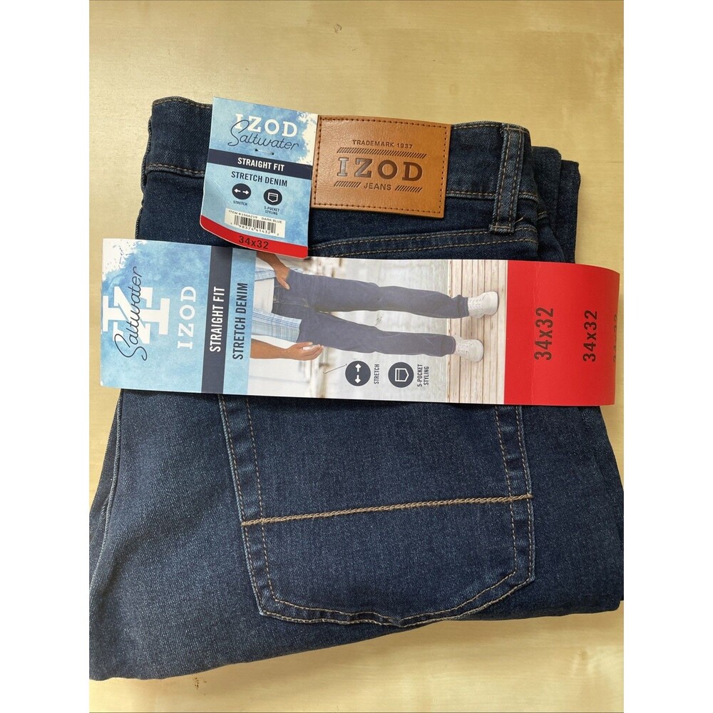 IZOD Saltwater Straight Fit Jeans Mens 34x32 Dark Blue Stretch Denim 5-Pocket